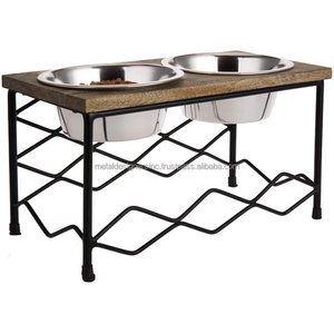 Natural para MANGO madera negro Metal celosía estilo elevado doble alimentador de mascotas soporte 2 cuencos de acero inoxidable muestra gratis perros gatos - Product Image 1