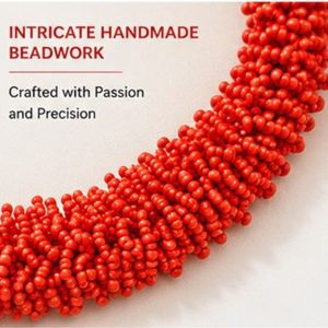 Handmade Coral Red Seed Bead Casual Ball <b>Statement</b> <b>Necklace</b> for Women | Chunky 14K Gold Plated Collar <b>Necklace</b> | Bohemian - Product Image 4