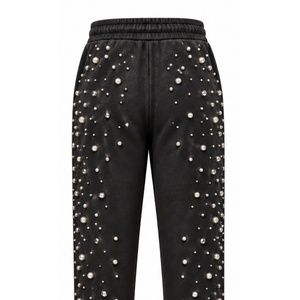 Black Pearl Beaded Jogger Pants <b>Women</b> Luxury Rhinestone Embellished Drawstring Sweatpants Casual Streetwear Fleece <b>Trousers</b> - Product Image 4