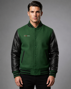 Premium Quality Men Green Varsity <b>Jacket</b> With PU <b>Leather</b> Sleeves Embroidered Logo Front Button Closure Casual Varsity <b>Jacket</b> - Product Image 1