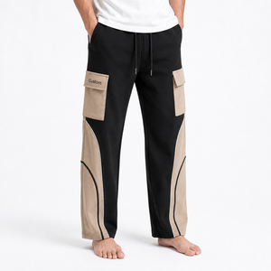 Customizable Heavyweight 100% Cotton Fleece Lining Drawstring Closure Cargo Jogger Pants Utility Pockets Contrast Panels for Men - Product Image 3
