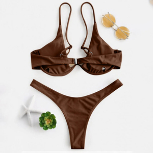 Ensemble bikini rouge pour femmes, haut croisé à lacets, bas string, couleur unie, maillot de bain extensible, deux pièces - Product Image 5