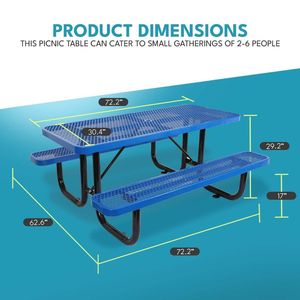 Mesa de Picnic Rectangular de Acero para Exteriores de 6 Pies con Poste para Sombrilla, Muebles de Patio, Color Azul - Product Image 3