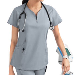 Hauts de travail médicaux pour femmes FMF à col mandarin en tissu tissé - Coupe ample extensible et douce avec 3 poches - Product Image 5