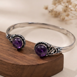 Signature <b>Amethyst</b> Twin Cabochon Open Cuff <b>Bracelet</b> Handmade Silver Plated Brass Jewelry - Product Image 6