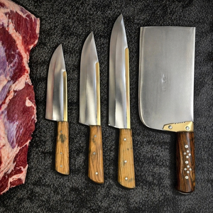 Juego de Cuchillos de Carnicero Qurbani de Acero al Carbono Kamani, 4 Piezas, Hojas Plateadas, Mangos de Madera Marrón, Kit de Herramientas para Cortar Carne - Product Image 1
