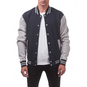 Custom Unisex Varsity <b>Jacket</b> Canvas Wool with <b>Leather</b> Sleeves Geometric Pattern Stand Collar Wholesale - Product Image 1