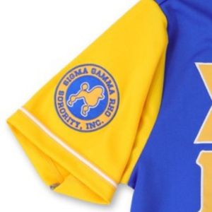 เสื้อเบสบอล Sigma Gamma Rho SGRho สำหรับชมรมหญิงชาวกรีก สีน้ำเงินรอยัล-ทอง สำหรับผู้หญิง ชุดวันแข่งขัน เสื้อผ้าสไตล์กรีก - Product Image 3