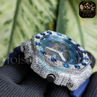 Montre chronographe de luxe pour homme, en acier inoxydable, sertie de diamants, mouvement à quartz, bracelet en caoutchouc bleu 20 mm, boîtier 46 mm, personnalisable