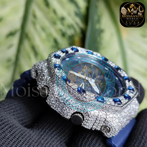 Luxury Fashion Antique Diamond Encrusted Quartz Stainless Steel Chronograph <b>Watch</b> <b>Men</b> 46mm Blue Rubber Strap 20mm Band Custom - Product Image 3