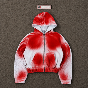 Red <b>White</b> Gradient Zip Up Hoodie Men's Casual Hooded <b>Sweatshirt</b> Regular Fit Spray Printed Knitted Polyester Autumn Wear - Product Image 5