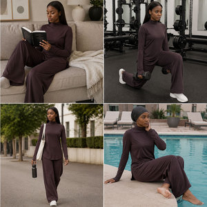 Conjunto Deportivo Modesto de 2 Piezas con Cuello Alto y Orificios para Pulgares, Elástico en 4 Direcciones, Top de Manga Larga y Pantalones Anchos, Marca Privada - Product Image 4