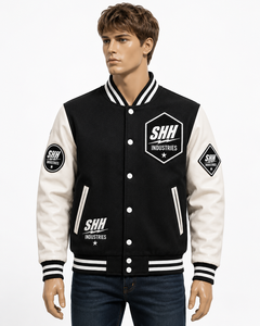 SHH INDUSTRIES Custom Black White Varsity Jacket Men Baseball Bomber with Embroidered Patches Snap Button College Letterman Jack - Product Image 5