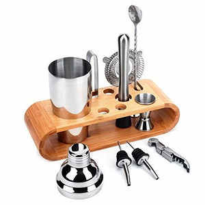 Modern Bamboo Cocktail Set With Stainless Steel <b>Shaker</b> Strainer Jigger Spoon And <b>Bottle</b> Stopper For Home Bar Use - Product Image 1