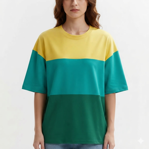 Camiseta de punto holgada de manga corta con cuello redondo y bloques de color para mujer, estilo primavera-verano, talla grande, verde, amarillo, verde azulado - Product Image 1