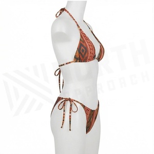 Ensemble bikini 2 pièces pour femme à imprimé géométrique, haut dos nu et bas à nouer sur les côtés, maillot de bain extensible - Product Image 3