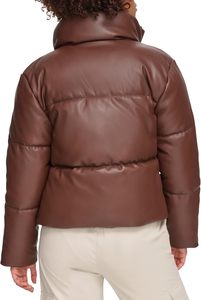 Chaqueta de moto acolchada de cuero sintético PU marrón para mujer, cuello alto, manga larga, abrigo de invierno, cortavientos con cremallera. - Product Image 6