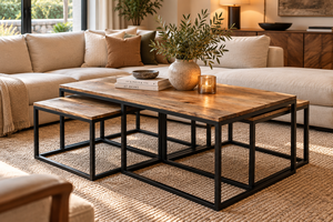 Industrial Nesting <b>Coffee</b> <b>Table</b> <b>Set</b> Mango Wood Top Metal Frame <b>Set</b> <b>of</b> <b>3</b> Modern Living Room Furniture - Product Image 4