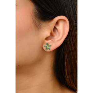 18K Gold Five Stone <b>Emerald</b> Flower <b>Stud</b> <b>Earrings</b> with Freshwater Pearl and Diamond - Product Image 4
