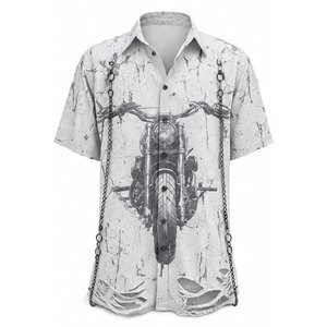 Gothic Printed Men's Shirt With Skull Pattern Three Quarter Sleeve Turn-Down Collar Casual Loose Fit With <b>Chains</b> And Ripped Hem - Product Image 5