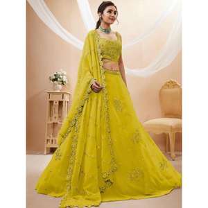 Impresionante Lehenga Choli bordado amarillo neón para fiestas de compromiso - Product Image 5