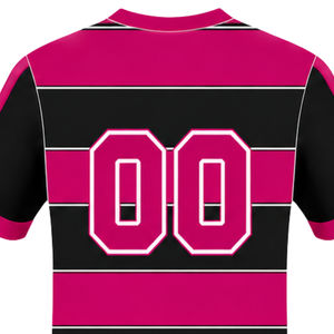 Maillot de rugby rose vif et noir à manches courtes, col rond, rayé, pour l'entraînement et les matchs sportifs - Product Image 4