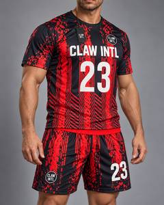 Maillot de football CLAW INTL pour homme, rouge et noir, sublimé, col rond, manches courtes, en polyester respirant, coupe athlétique - Product Image 4