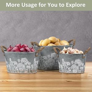 Oval Galvanized Planter Tubs Metal Flower <b>Pots</b> Jute with Handles 3 Pack <b>Large</b> Shallow Oval Galvanized Planter Tubs - Product Image 4