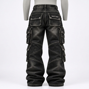 Mens <b>Black</b> Washed Denim <b>Cargo</b> Pants Oversized Baggy Fit Multi Pocket Streetwear <b>Trousers</b> Custom OEM ODM Wholesale Supplier - Product Image 5