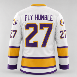 เสื้อฮอกกี้น้ำแข็งผู้ชาย Fly Humble สีขาว สำหรับทีมโกลด์ 10 พิมพ์ลายดิจิตอล โพลีเอสเตอร์ แห้งเร็ว สายปรับได้ แขนยาว ทรงปกติ - Product Image 2