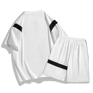 Ensemble de survêtement 2 pièces pour homme, été, manches courtes, t-shirt + short, couleur unie, col rond, pantalon court de sport, hauts, tenues décontractées - Product Image 3