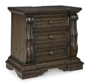 Esta es una mesita de noche Maylee de Ashley Furniture con un acabado en madera marrón oscuro y apliques ornamentales para uso en el dormitorio. - Product Image 4