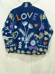 Blue <b>Velvet</b> Embroidered Floral Suzani Jacket <b>Women</b> Y2K Stand Collar <b>Coat</b> 100% Cotton Windproof Breathable - Product Image 2