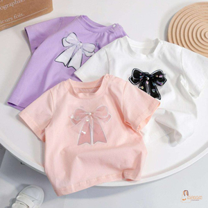 T-shirt décontracté d'été à manches courtes pour filles, col rond, uni, 100 % coton, style occidental pour enfants - Product Image 1