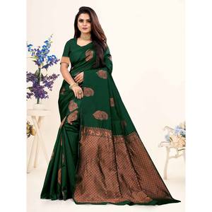 WEDDING WEAR BANARASI <b>SILK</b> JACQUARD SAREE WITH UNSTITCHED BLOUSE <b>GREEN</b> - Product Image 1