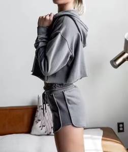 Conjunto de 2 Piezas para Mujer, Sudadera con Capucha y Pantalones Deportivos de Punto, Color Marrón Sólido, Casual, Transpirable, para Todas las Temporadas, Top Corto de Manga Larga y Pantalones Jogger - Product Image 3