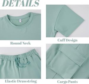 Conjunto Deportivo Casual Verde Menta para Hombre, Camiseta de Manga Corta, Pantalones Cortos Cargo, Transpirable, Color Sólido, Cuello Redondo, Corte Holgado, Ropa de Verano - Product Image 4