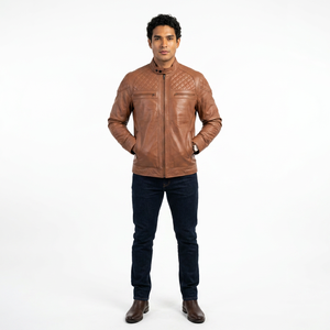 <b>Men's</b> <b>Brown</b> <b>Leather</b> <b>Jacket</b> Stand Collar Zipper Regular Fit Solid Color Autumn Wear - Product Image 3