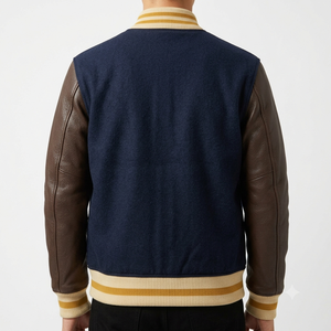 Veste universitaire bleu marine pour homme avec manches en cuir marron, col rabattu, fermeture boutonnée, vêtement d'extérieur décontracté d'automne, coupe classique - Product Image 3