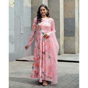 BOLLYWOOD ORGANZA DIGITAL FLORAL IMPRIMÉ TRAVAIL PRÊT À PORTER ROBE AVEC DUPATTA BÉBÉ ROSE - Product Image 6