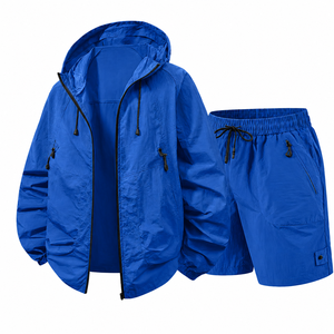 Custom <b>Men's</b> Hooded Nylon Windbreaker <b>Jacket</b> and Shorts Set Lightweight Water Resistant OEM Logo - Product Image 2