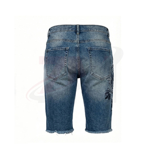 Men's Denim Shorts Straight Leg Mid Waist Embroidered Floral Design Stonewashed Cotton Casual Summer Wear - Product Image 2