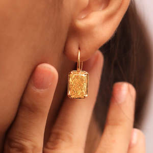 Yellow Moissanite Leverback Drop <b>Earrings</b> 8 TCW Radiant Cut VVS Clarity Handmade Gold Bezel Set Dangle Solitaire Jewelry Gift - Product Image 1