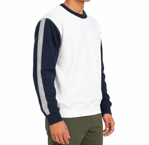 Sweat-shirt blanc à col rond pour homme, manches bleu marine, couleur unie, coupe classique, tricot en coton, pull décontracté pour l'automne - Product Image 4