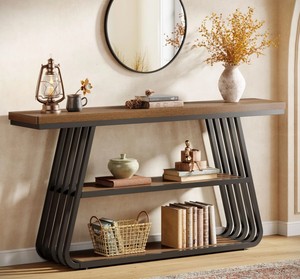 Table console en bois moderne avec structure en métal, design industriel, rangement, meubles de salon - Product Image 1