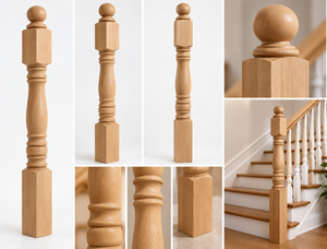 Poste de Escalera de Madera de Roble Macizo Natural con Base Cuadrada y Remate Esférico, Columna Torneada para Proyectos de Barandillas de Escaleras Residenciales - Product Image 2
