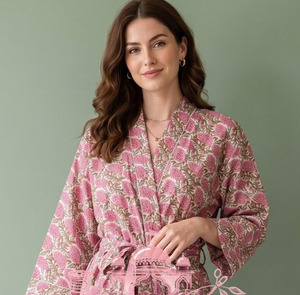 Hand Block Print Pink Floral Cotton Kimono Robe Artisanal Summer Bathrobe <b>Lightweight</b> Maternity <b>Dressing</b> <b>Gown</b> Long Nightwear - Product Image 1