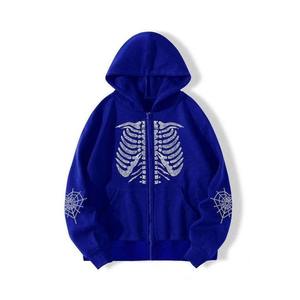 Sweat-shirt à capuche oversize bleu pour homme INDEX APPAREL, design squelette en strass, fermeture éclair, polaire, style gothique, vêtement d'automne - Product Image 2