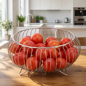 Stainless Steel Wire Fruit <b>Basket</b> Bowl | Round Metal Fruit Holder with Raised Stand | Kitchen Countertop Dining <b>Table</b> Storage - Product Image 2