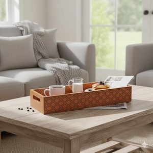 Bamboo Scandinavian Geometric Lattice Pattern Decorative Serving <b>Tray</b> with Handles for Living Room Dining Table - Product Image 1